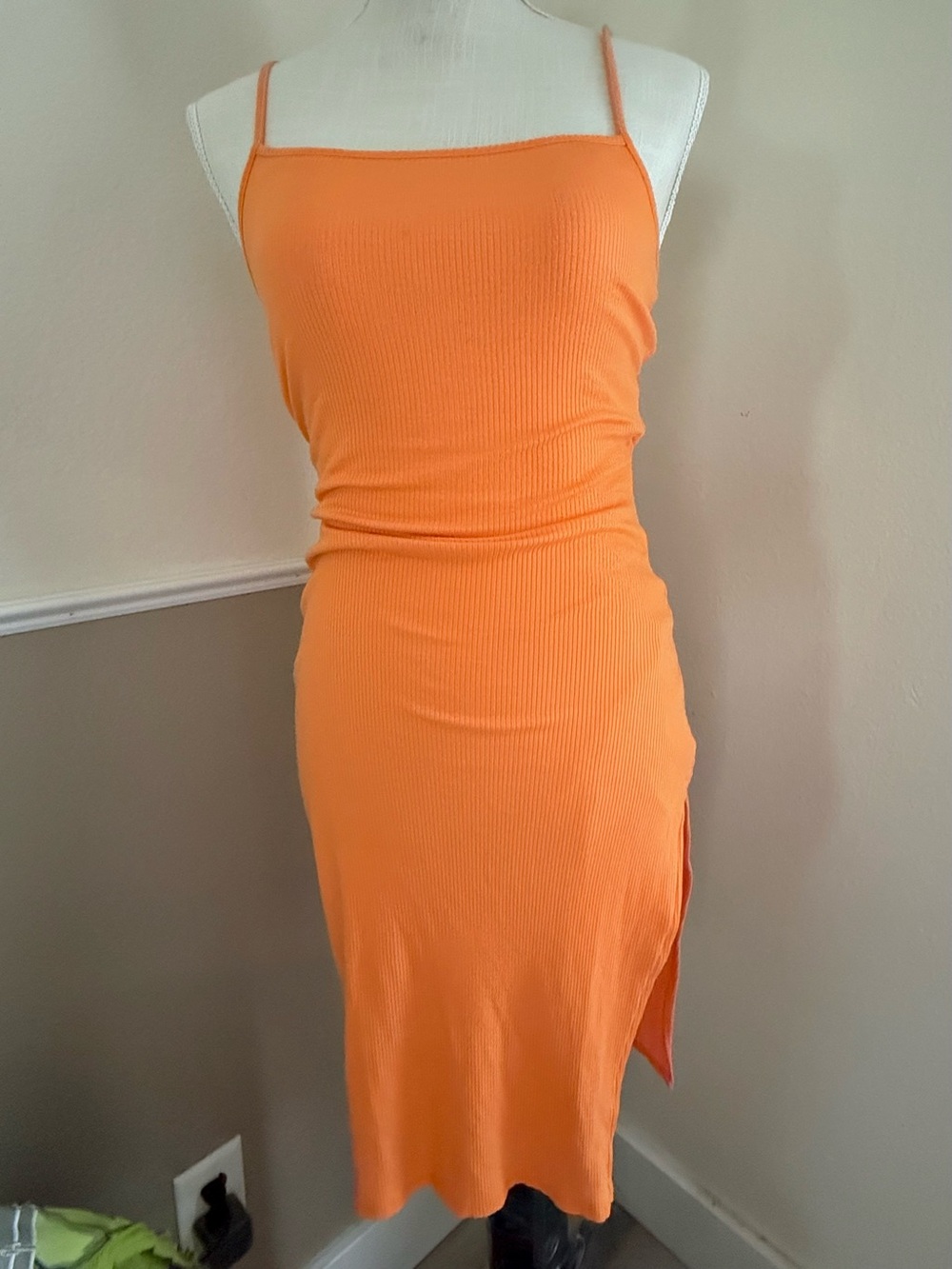 Windsor Orange Ribbed Spaghetti-Strap Midi Dress